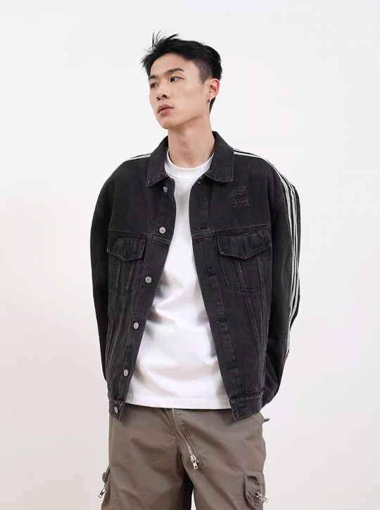 F3F Select Three Bar Striped Washed Denim Jacket
