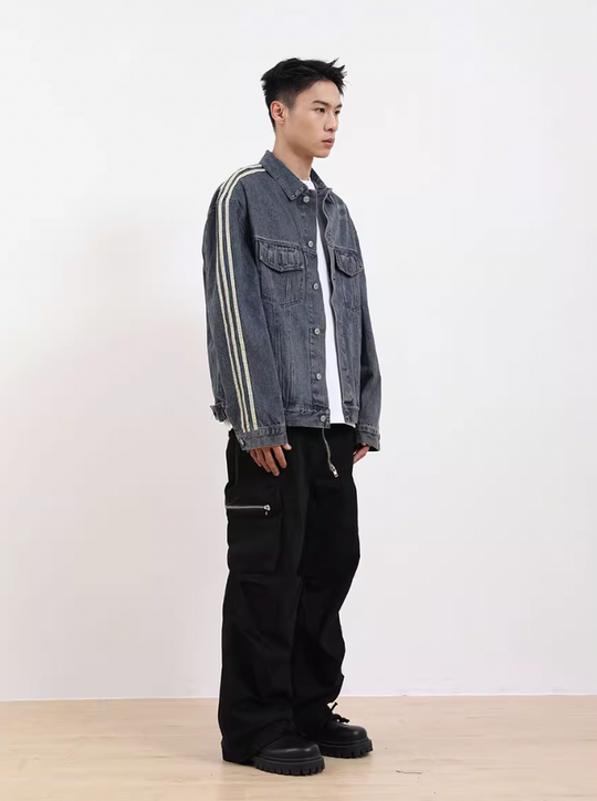 F3F Select Three Bar Striped Washed Denim Jacket
