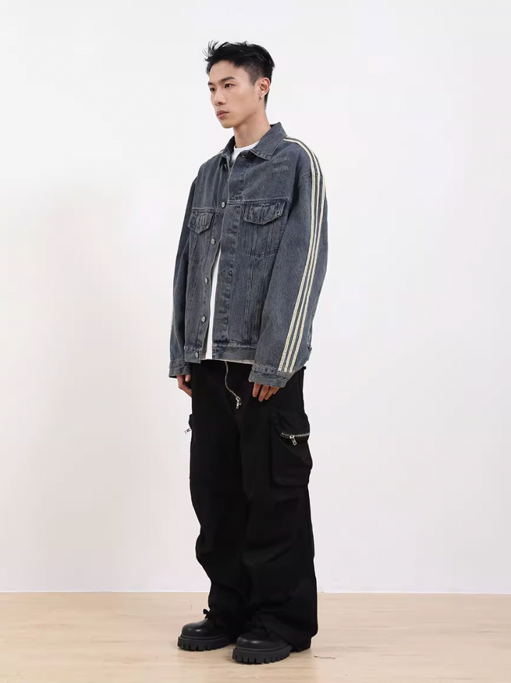 F3F Select Three Bar Striped Washed Denim Jacket