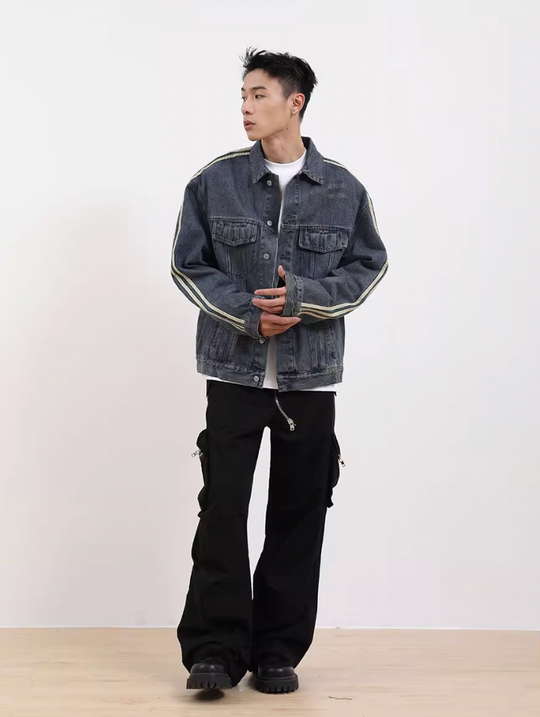 F3F Select Three Bar Striped Washed Denim Jacket