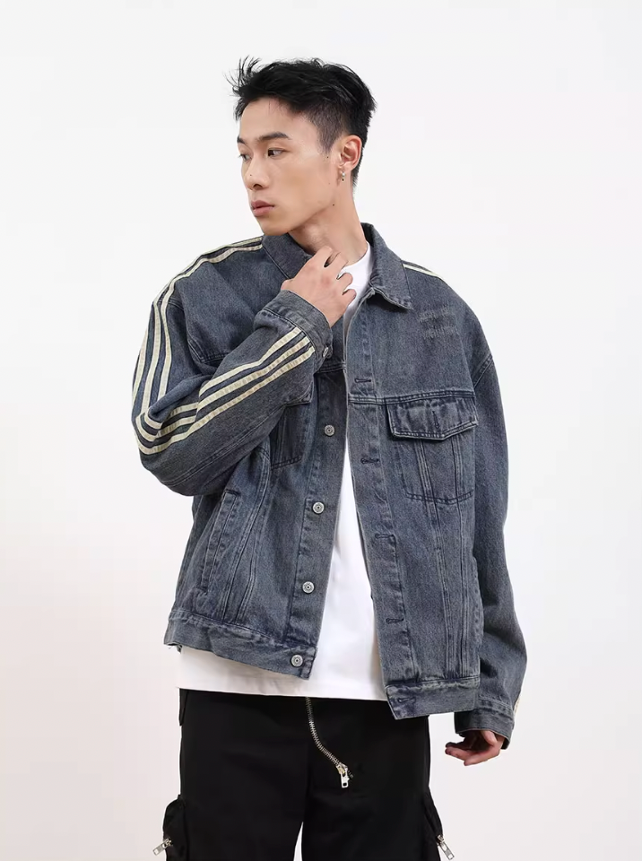 F3F Select Three Bar Striped Washed Denim Jacket