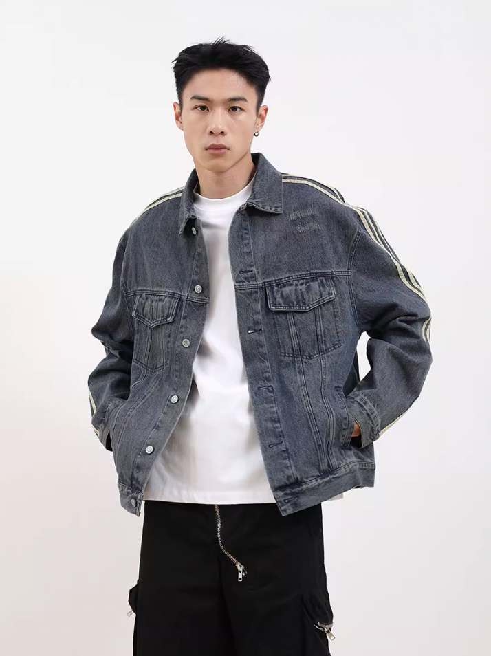 F3F Select Three Bar Striped Washed Denim Jacket