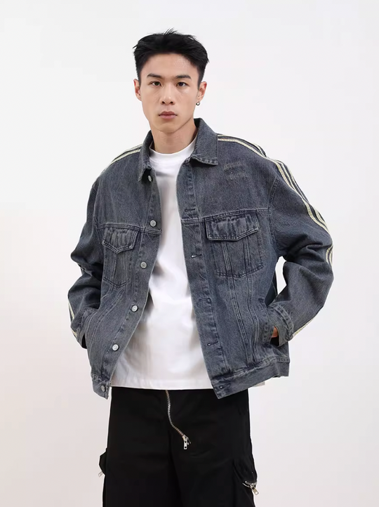 F3F Select Three Bar Striped Washed Denim Jacket