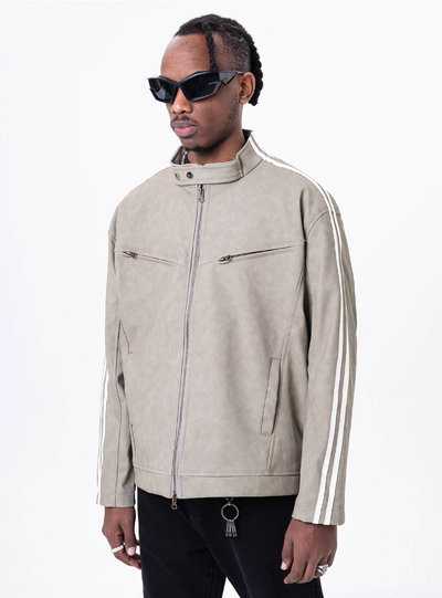 F3F Select Striped Washed PU Leather Short Jacket
