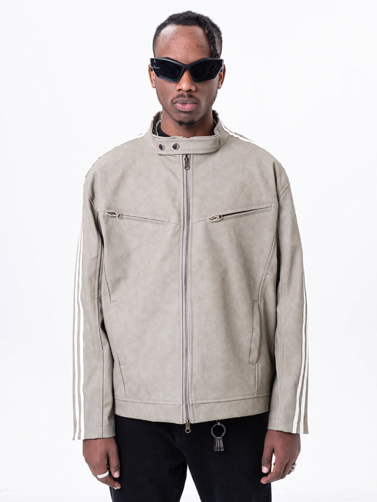 F3F Select Striped Washed PU Leather Short Jacket