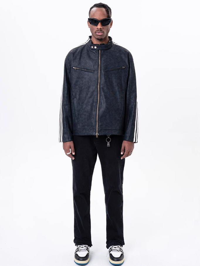 F3F Select Striped Washed PU Leather Short Jacket