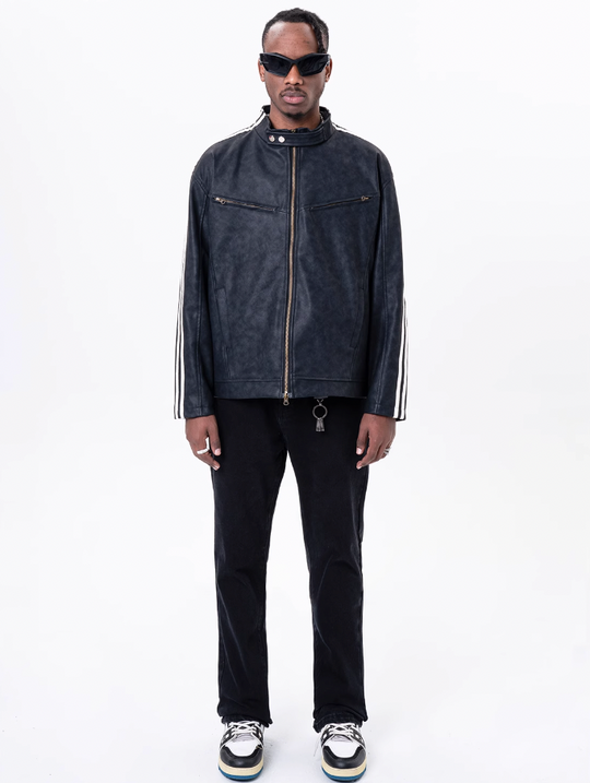 F3F Select Striped Washed PU Leather Short Jacket