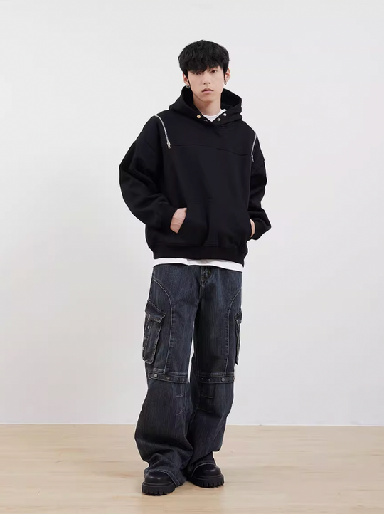 F3F Select Button Zipper Shoulder Hoodie