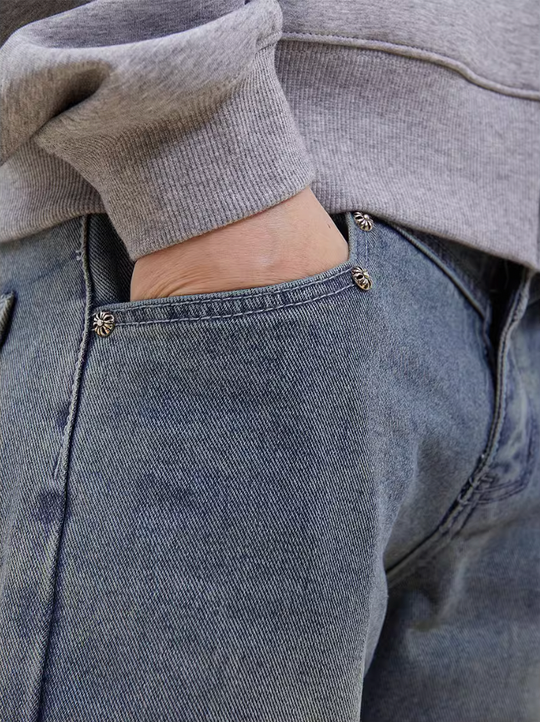 F3F Select Washed Rivets Folds Denim Pants