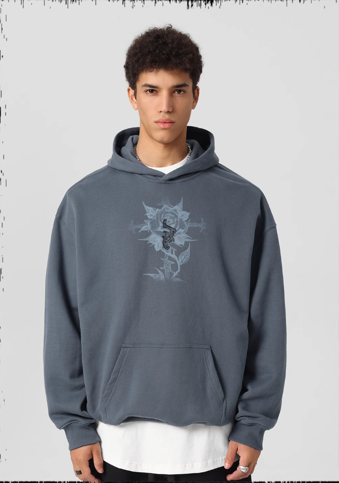 JHYQ Embroidered Beaded Rose Print Hoodie