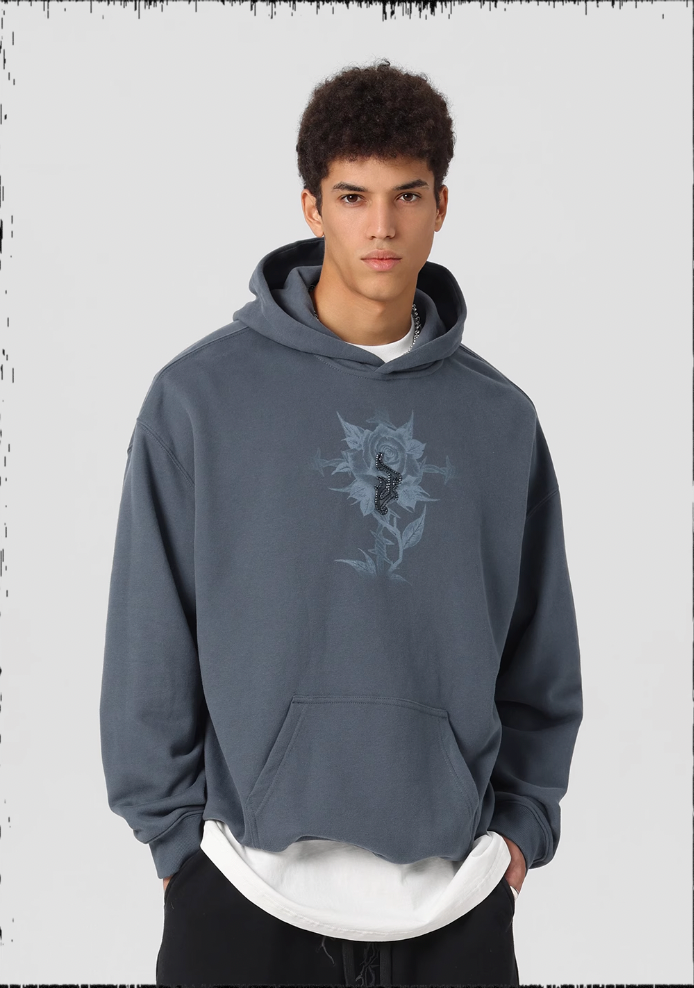 JHYQ Embroidered Beaded Rose Print Hoodie