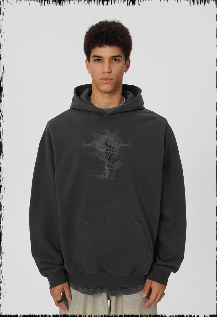 JHYQ Embroidered Beaded Rose Print Hoodie