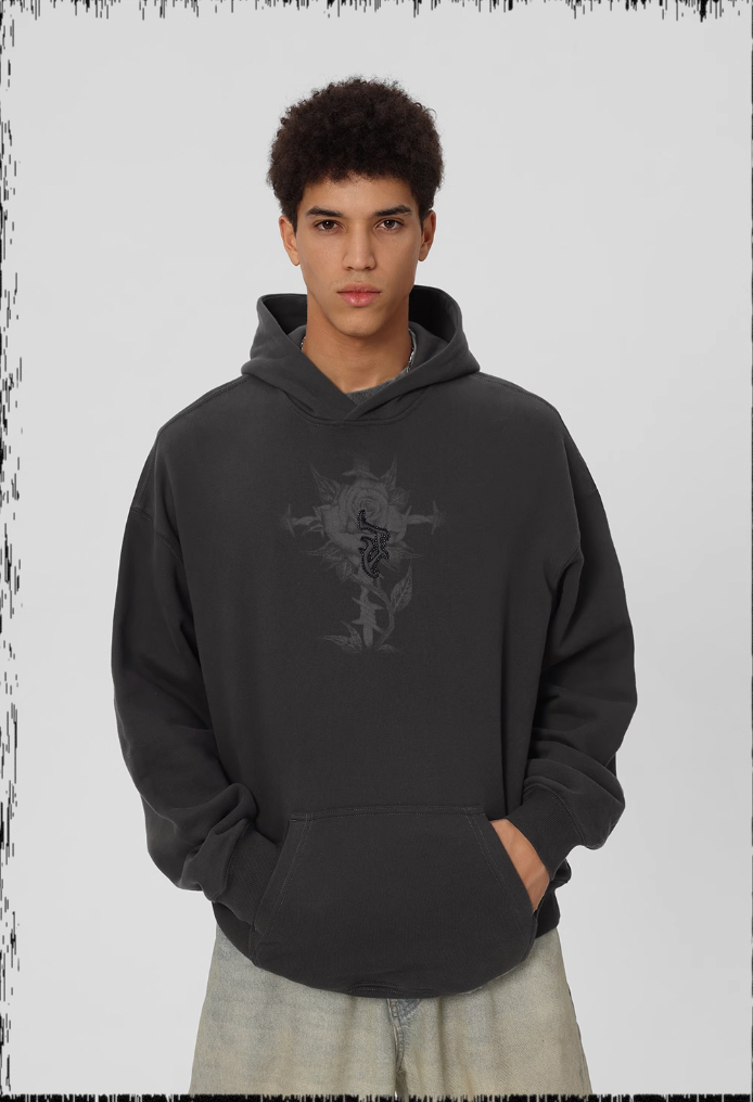 JHYQ Embroidered Beaded Rose Print Hoodie