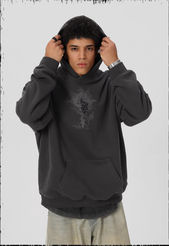 JHYQ Embroidered Beaded Rose Print Hoodie