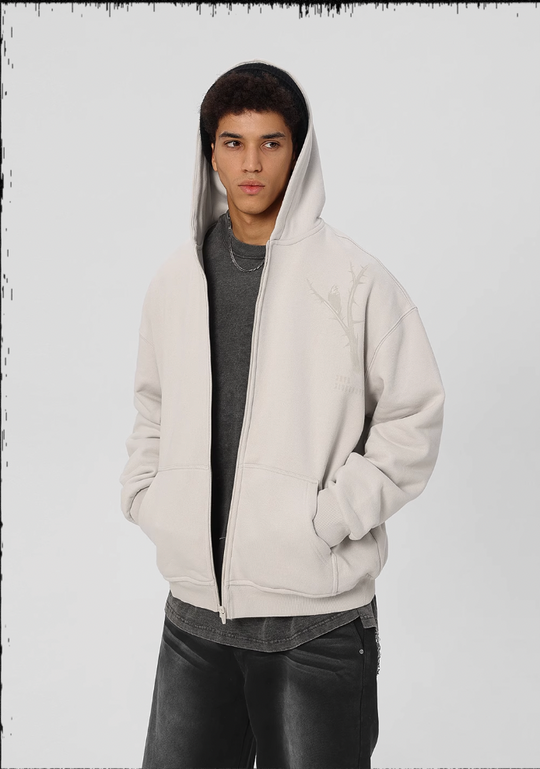 JHYQ Dead Tree Bird Printed Zipper Hoodie