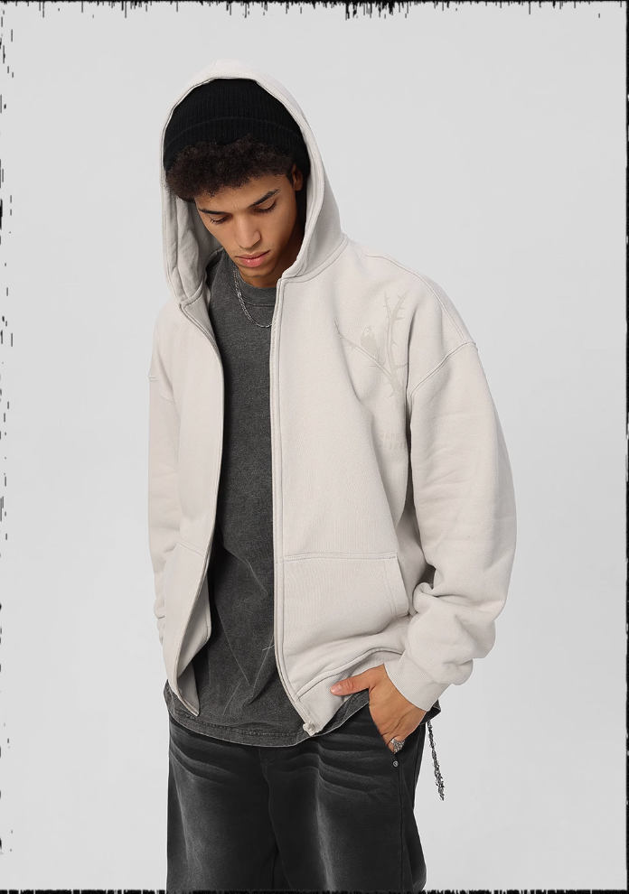 JHYQ Dead Tree Bird Printed Zipper Hoodie