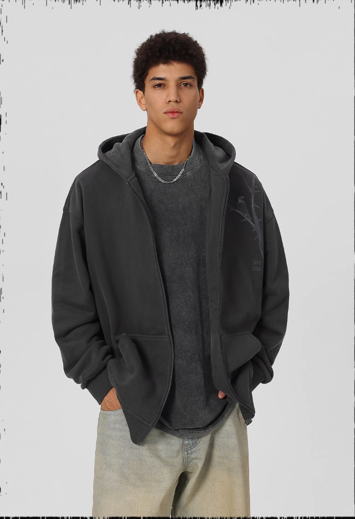 JHYQ Dead Tree Bird Printed Zipper Hoodie