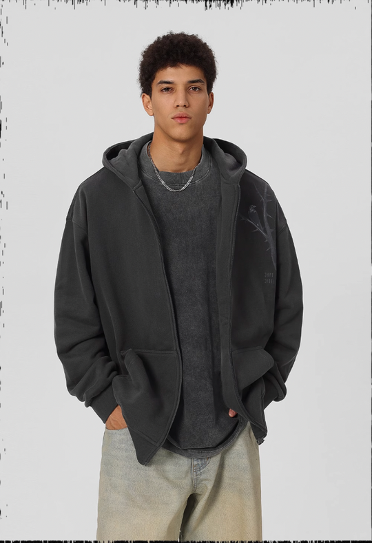 JHYQ Dead Tree Bird Printed Zipper Hoodie