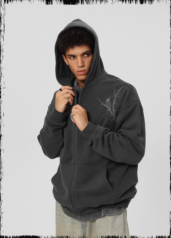JHYQ Dead Tree Bird Printed Zipper Hoodie