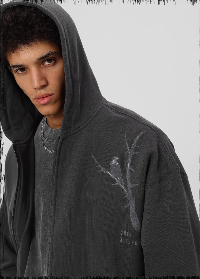 JHYQ Dead Tree Bird Printed Zipper Hoodie