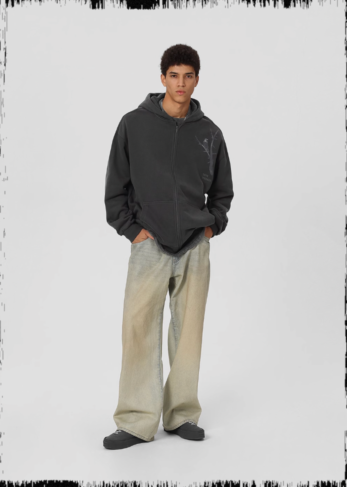 JHYQ Dead Tree Bird Printed Zipper Hoodie