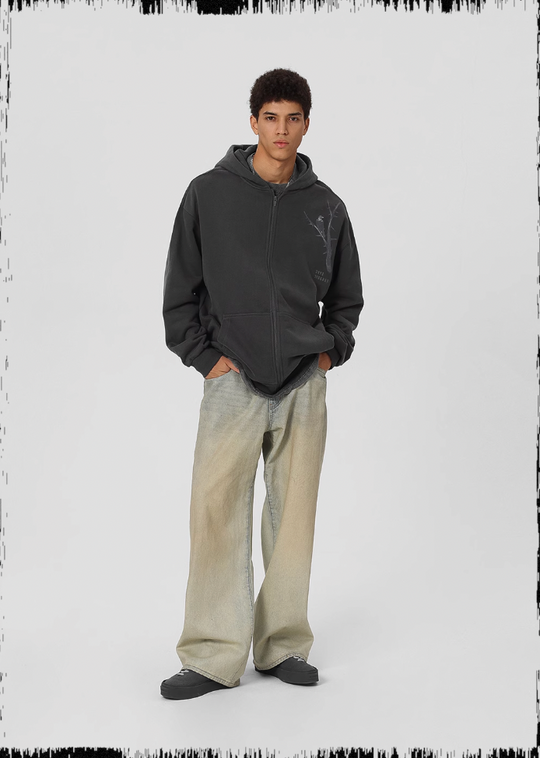 JHYQ Dead Tree Bird Printed Zipper Hoodie