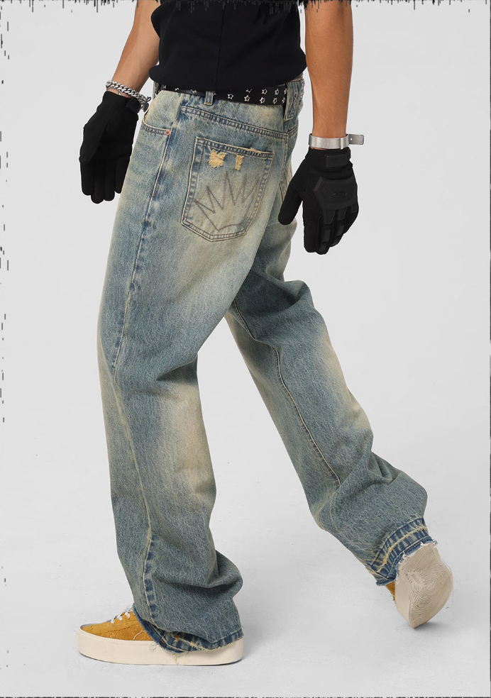 JHYQ Frayed Embroidery Crown Denim Jeans