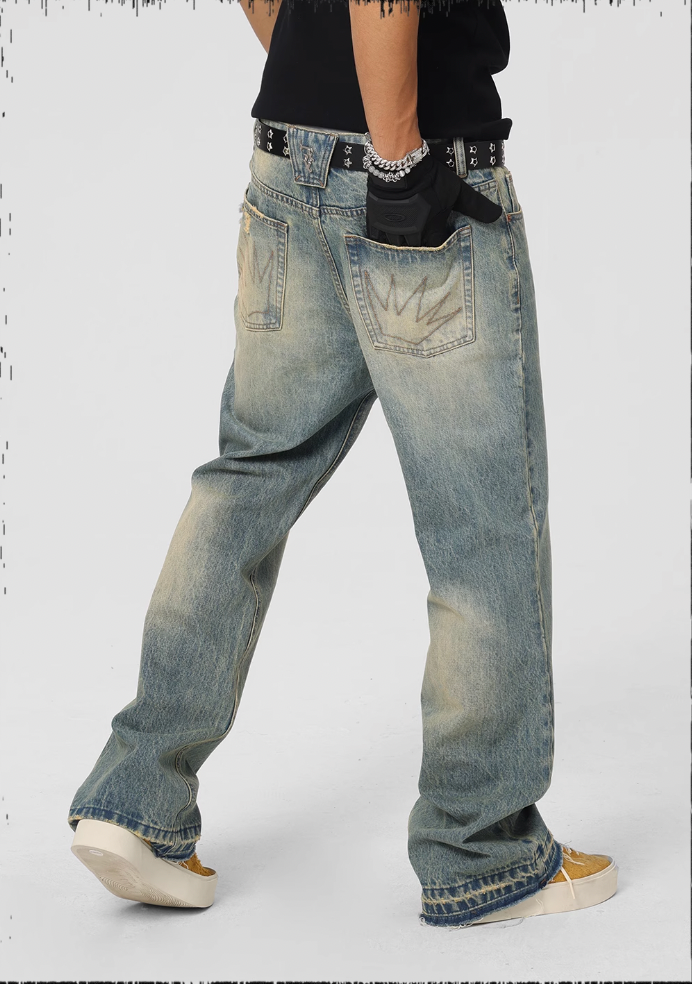 JHYQ Frayed Embroidery Crown Denim Jeans