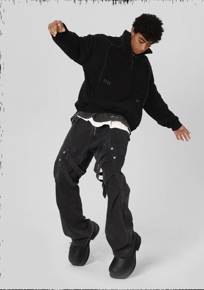 JHYQ Strap Pleats Work Denim Jeans