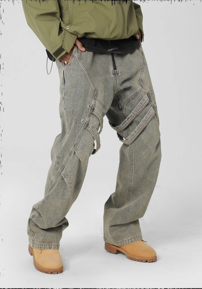 JHYQ Strap Pleats Work Denim Jeans