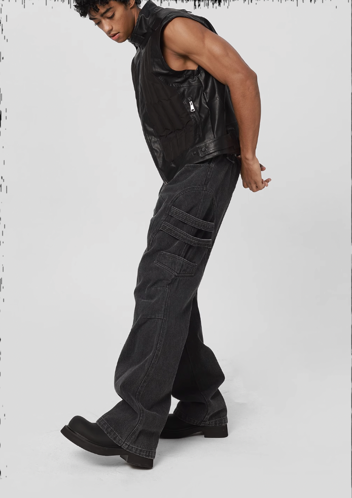 JHYQ Side Strap Work Wash Denim Jeans