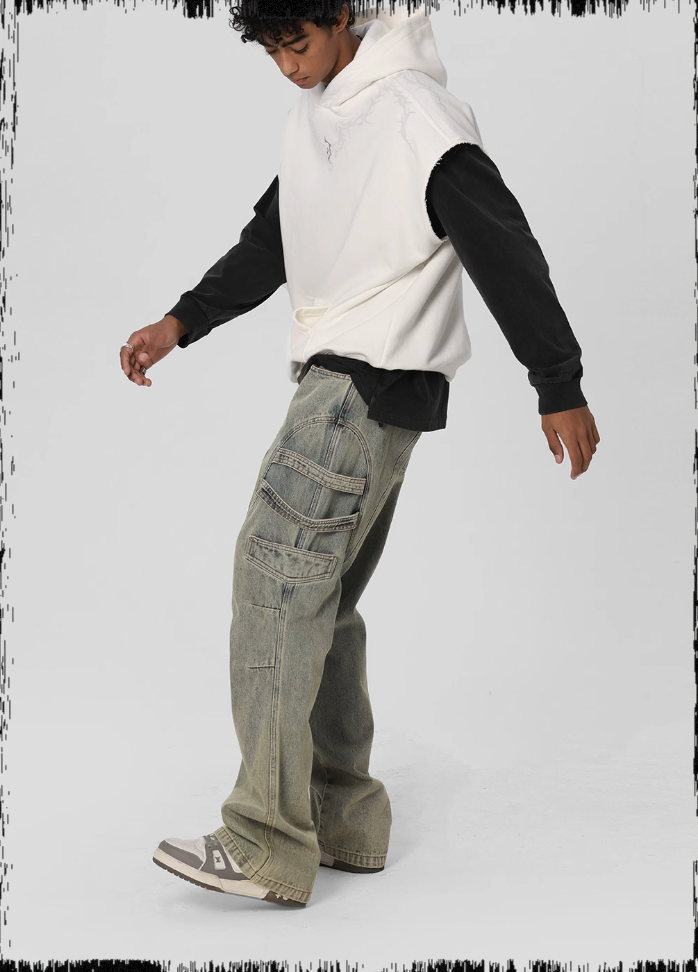 JHYQ Side Strap Work Wash Denim Jeans