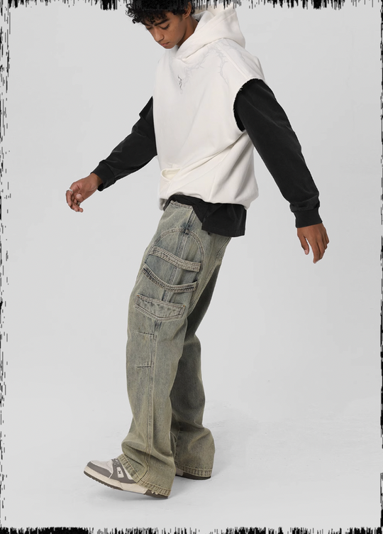 JHYQ Side Strap Work Wash Denim Jeans