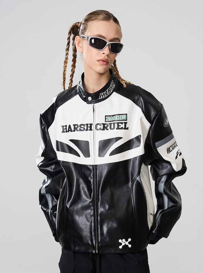 Harsh and Cruel Retro Splicing Leather Racing Jacket