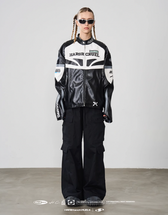 Harsh and Cruel Retro Splicing Leather Racing Jacket