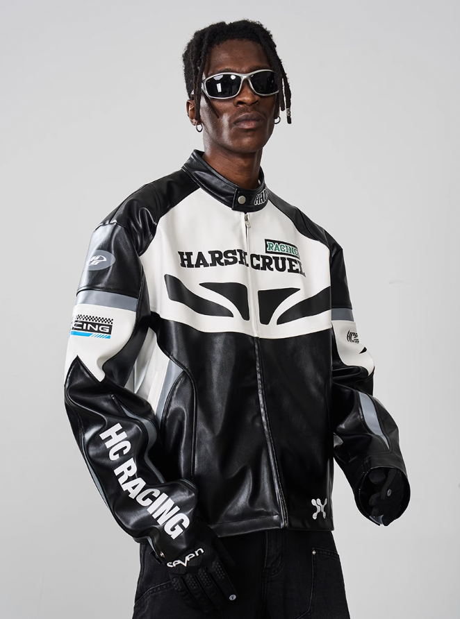Harsh and Cruel Retro Splicing Leather Racing Jacket