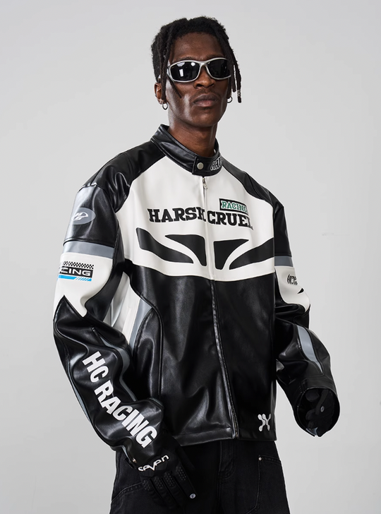 Harsh and Cruel Retro Splicing Leather Racing Jacket