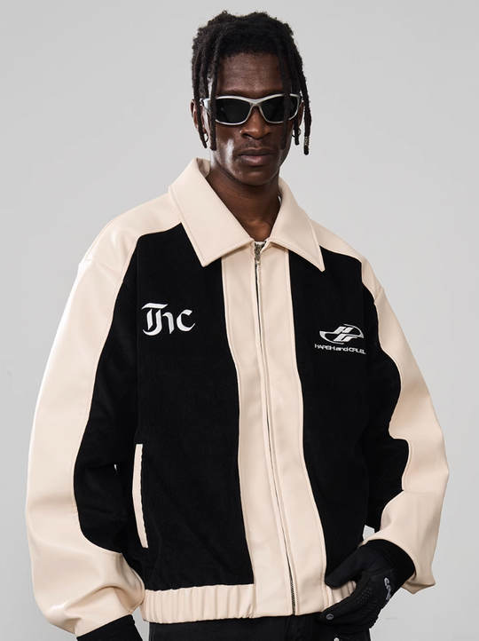 Harsh and Cruel Embroidered Corduroy PU Leather Jacket