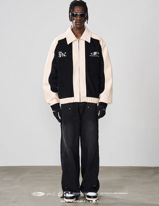 Harsh and Cruel Embroidered Corduroy PU Leather Jacket