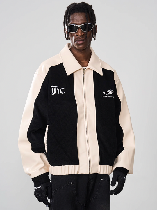 Harsh and Cruel Embroidered Corduroy PU Leather Jacket