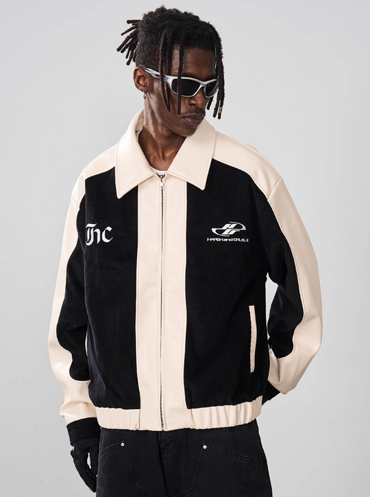 Harsh and Cruel Embroidered Corduroy PU Leather Jacket