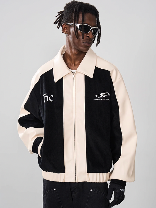Harsh and Cruel Embroidered Corduroy PU Leather Jacket