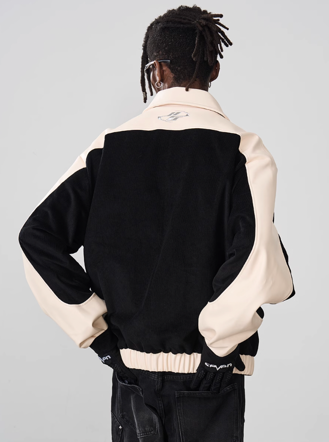 Harsh and Cruel Embroidered Corduroy PU Leather Jacket