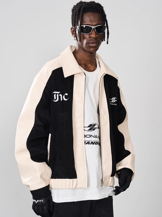 Harsh and Cruel Embroidered Corduroy PU Leather Jacket