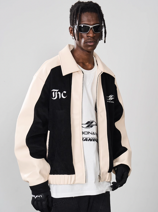 Harsh and Cruel Embroidered Corduroy PU Leather Jacket