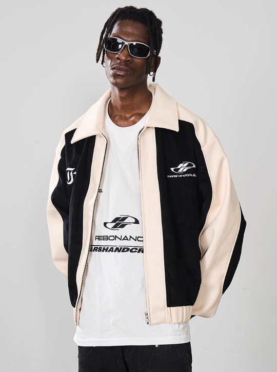 Harsh and Cruel Embroidered Corduroy PU Leather Jacket