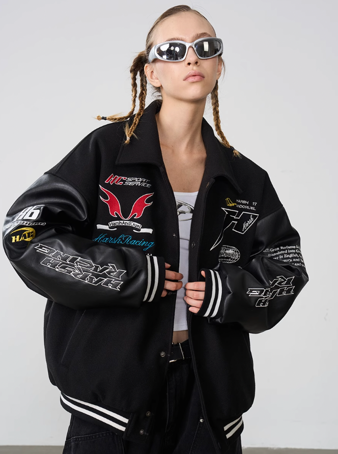 Harsh and Cruel Embroidered Racing Varsity Jacket