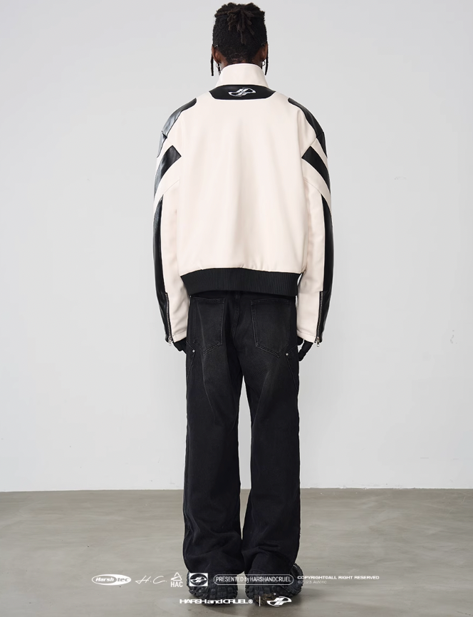 Harsh and Cruel Stitching PU Leather Embroidered Logo Jacket