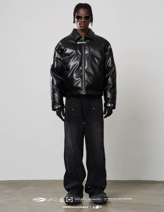 Harsh and Cruel Embroidered Logo Leather Motor Jacket