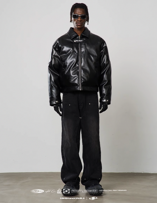 Harsh and Cruel Embroidered Logo Leather Motor Jacket